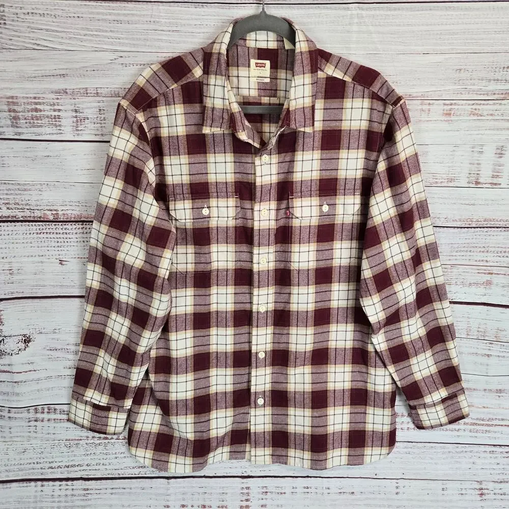 Levis Men Flannel L Burgundy Tan Check Soft Cotton Blend Casual Gorpcore Outdoor